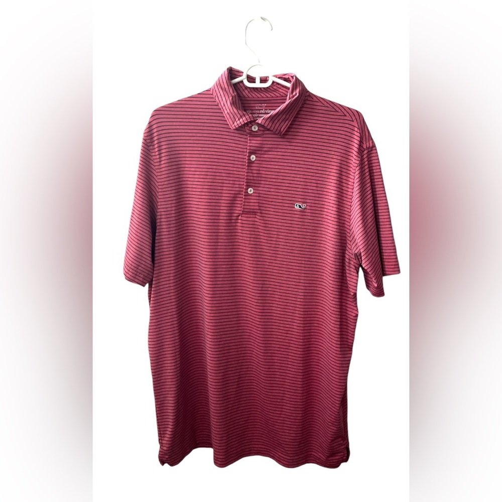 Vineyard Vines Men’s Short Sleeve Performance Striped  Polo Salmon Navy Large